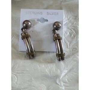 Vintage Sterling Silver Double Bar Wrapped Wire Brass Dangle Drop Earrings
